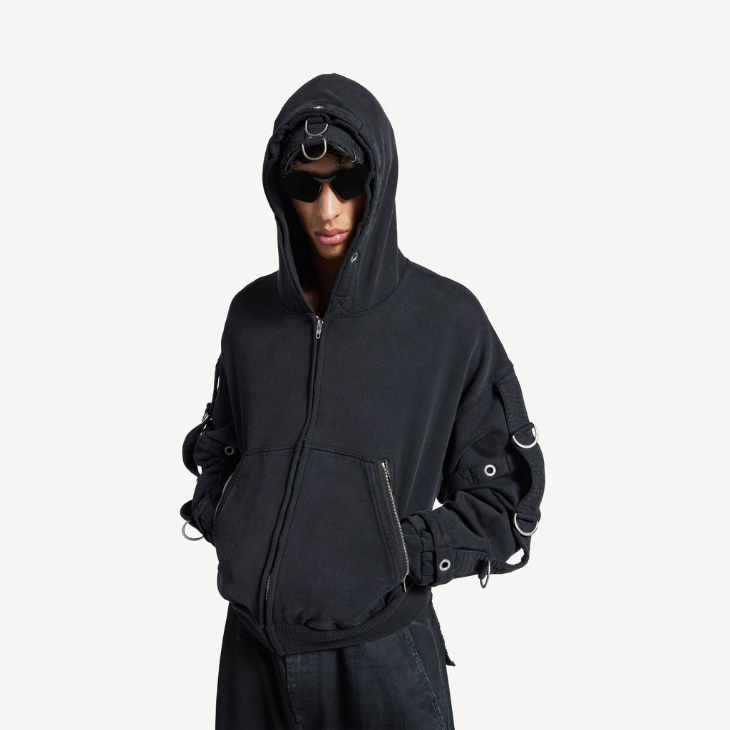 Cargo Zip-up Hoodie in Faded Black