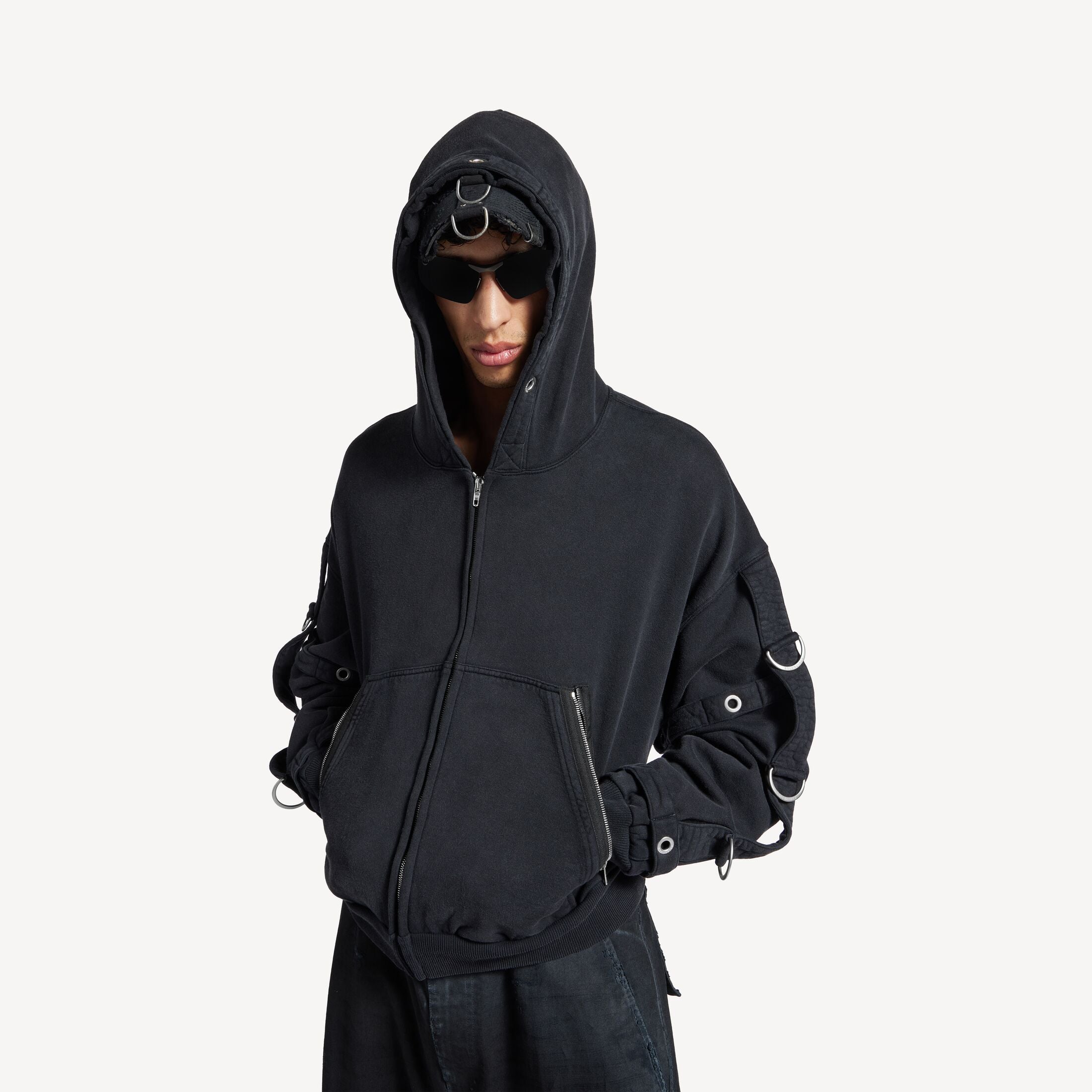 Cargo Zip-up Hoodie in Faded Black