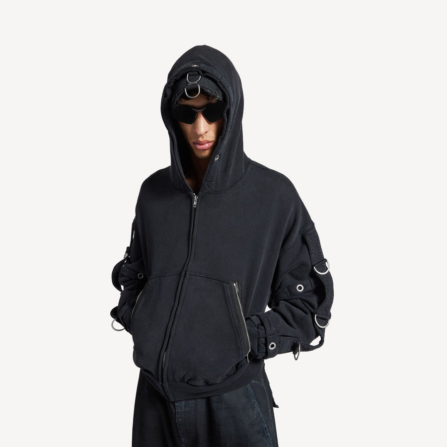 Cargo Zip-up Hoodie in Faded Black